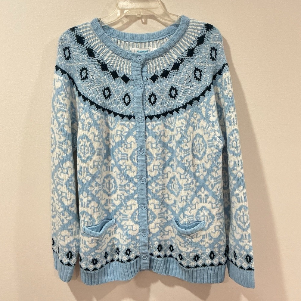 Women's National Since 1952 Button Up Cardigan Sweater Blue Nordic Fair Isle XL‎